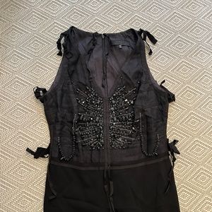 Robert Rodriguez | Knee-Length Beaded Black Dress With Ribbons, Size 6